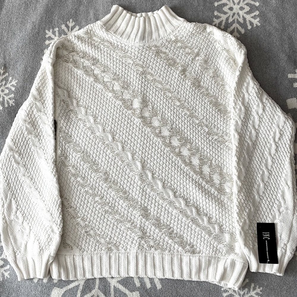I-N-C Womens Beaded Cable Knit Pullover Sweater, White, Size XS, NWT
